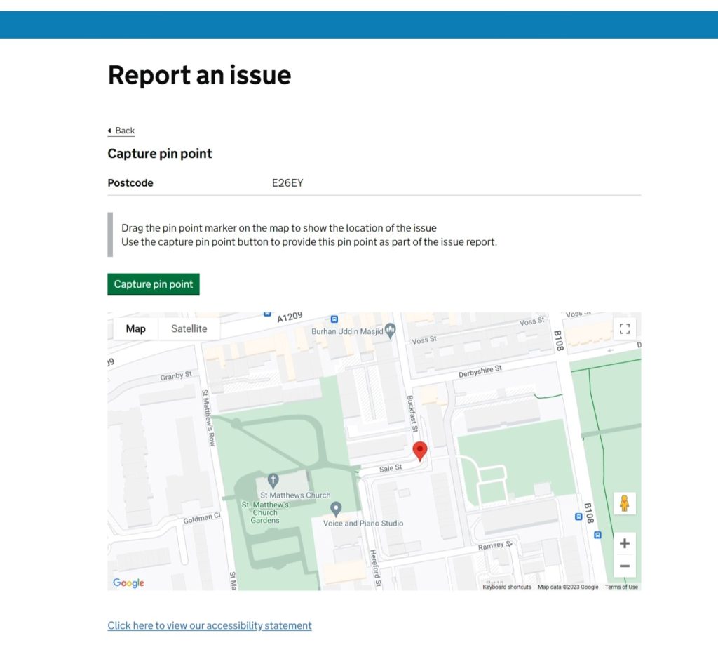 screen shot of how to report the location of a street issue