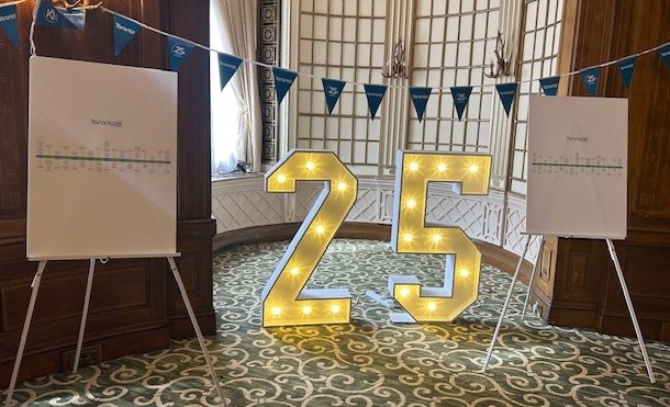 Number 25 in light with blue bunting and notice boards either side of the 25