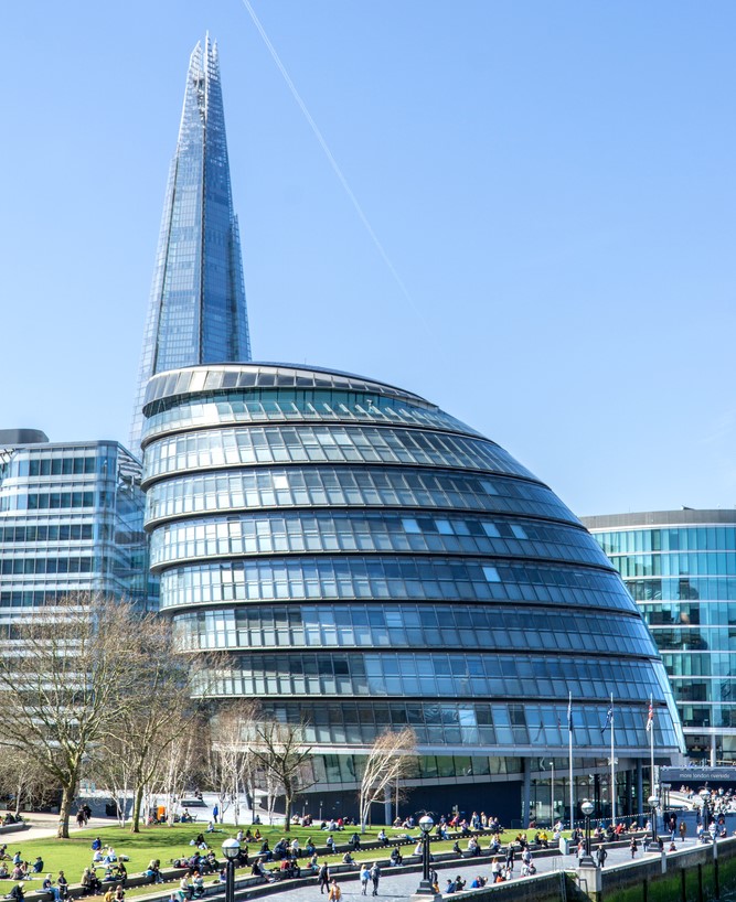 photo of London City Hall with the Shard in the background