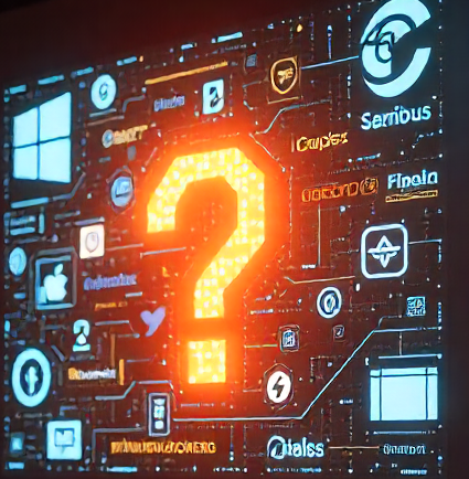 glowing question mark surrounded by names of different software